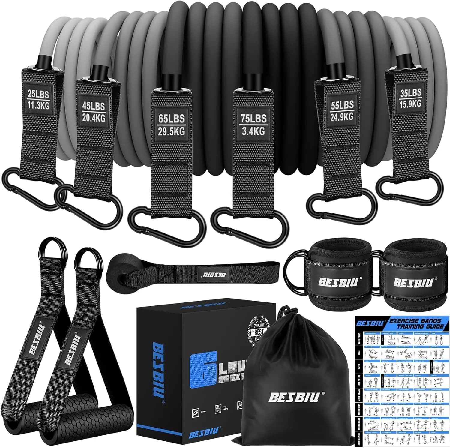 Set of Heavy Duty Bands with Handles, Anchor for Door and Neck Straps - Maximum Strength 300 pounds for Strength Training in Home Gym
