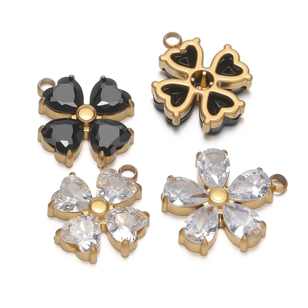 Set of 3 Heart Shape Pendants and Stainless Steel Flower with Zirconia for Creation of Fai-da- Jewelry ♪