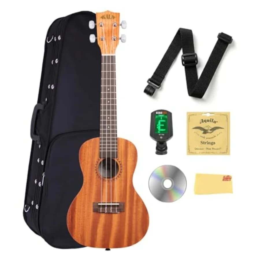 KA-15C Ukulele da Concerto in Mogano Satinato con Custodia Rigida, Accordatore, Tracolla, Corde, DVD Istruttivo Austin Bazaar e Kit di Lucidatura