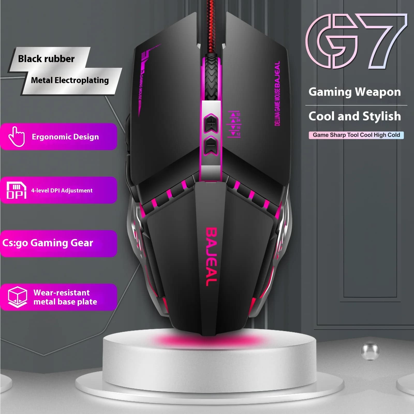 BAJEAL G7 Mouse da gioco cablato LED respiratorio a 4 colori 4 livelli DPI Base metallica per PC portatile Esports