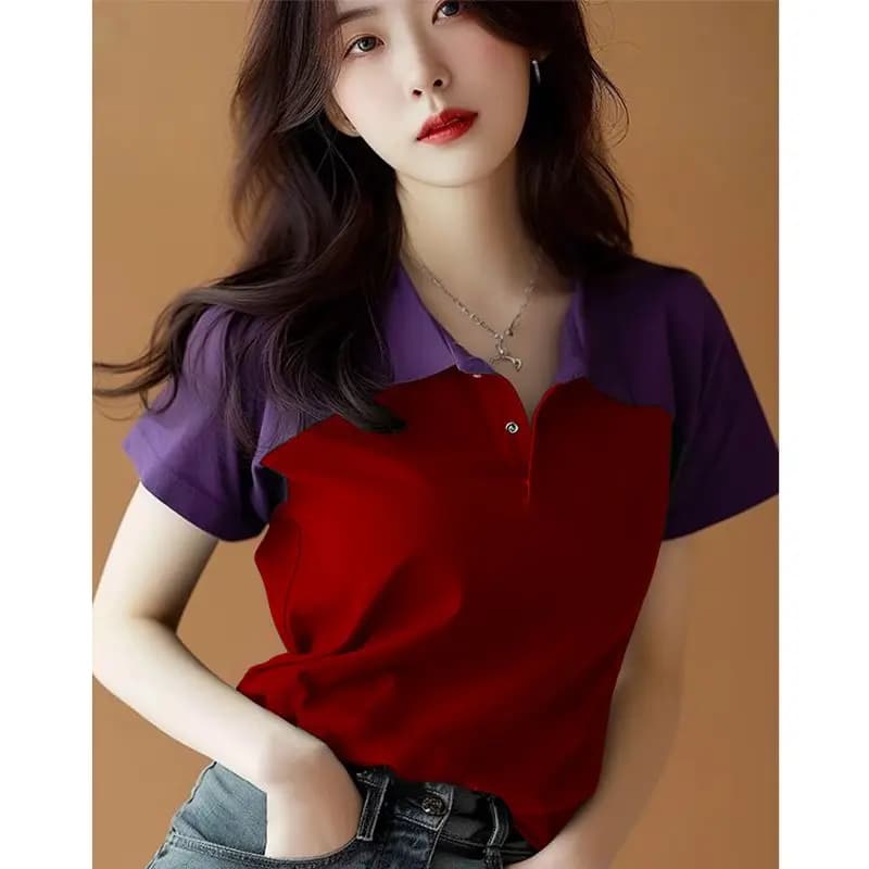 Purple and green color-blocked Polo T-shirt for women, 2025 new trendy short-sleeved fitted top unique and stylish blouse