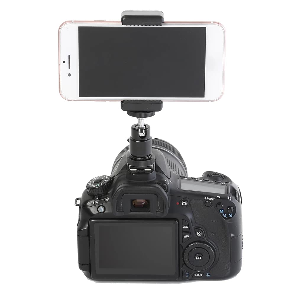 Compact and portable mobile phone clip holder for hot shoe adaptor with 360 ball head for camera tripod