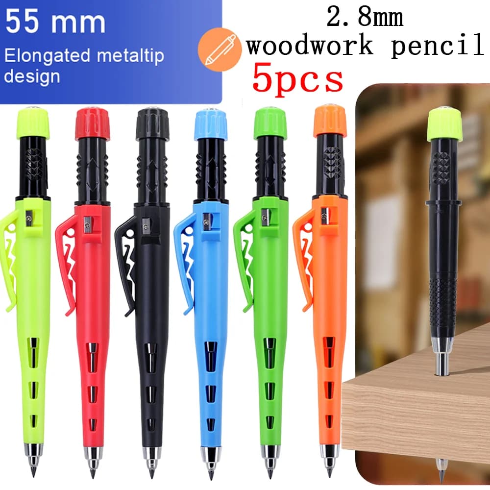 5Pcs Long 55mm Tip Woodworking Pencil Set With Pen Cap - Carpenters Marking Pencil For Woodworking Architects And DIY Tools