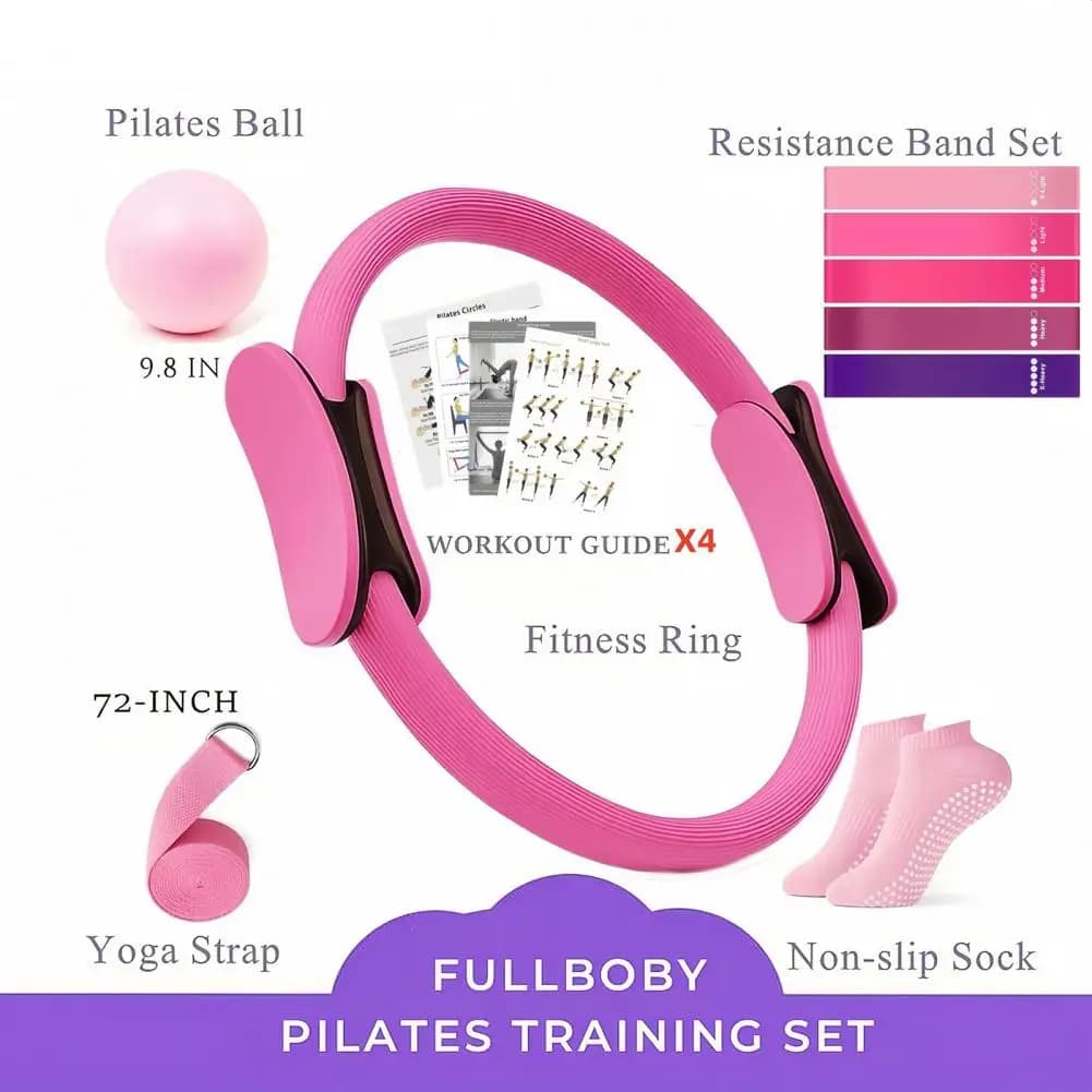 Set of 9 Pieces for Yoga and Fitness with Pilates Ring, Yoga Ring, Ball, Non-slip Socks, 5 Handles for Glute Resistance, Stretching Belt, Fitness Equipment