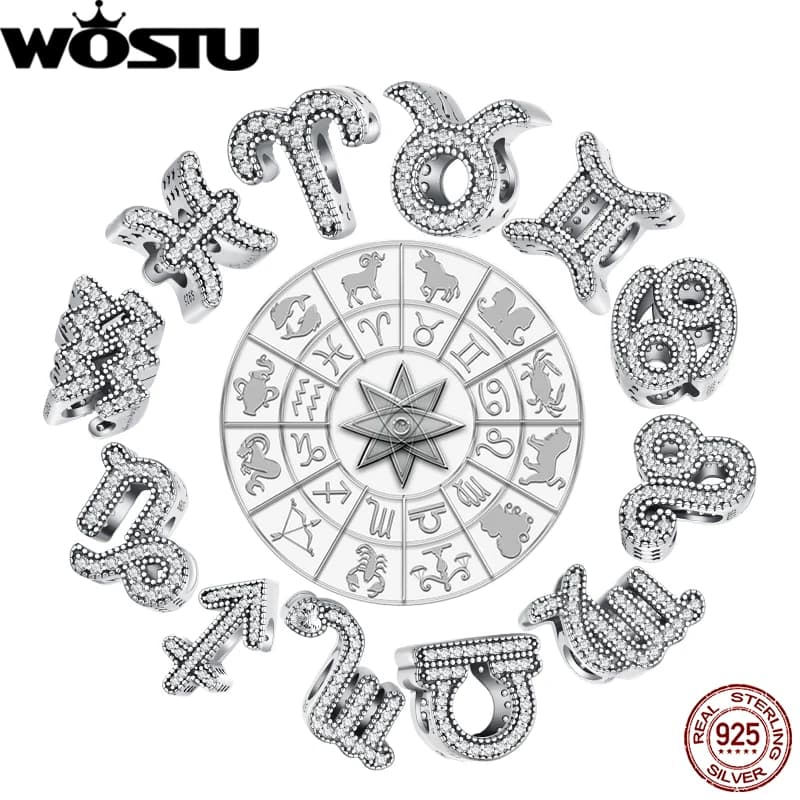 WOSTU Perline Costellazione Originali 925 Sterling Silver 12 Zodiaco Zircone Pendenti e Ciondoli Misura Per Il Braccialetto FAI DA TE Creazione di Gioielli Regalo Fortunato