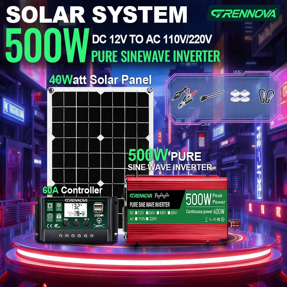 Kit Solare Completo a Onda Sinusoidale Pura 500W | Pannello da 40W + Controller da 60A da 12V CC a 110V/220V per Piccoli Elettrodomestici, Campeggio e Camper