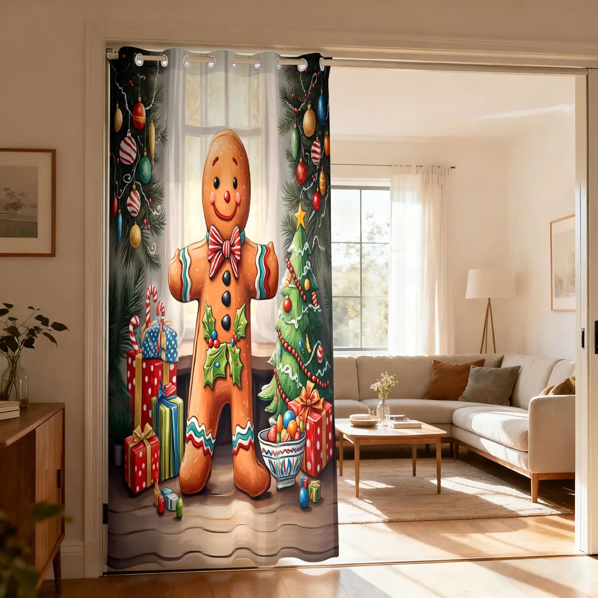 Christmas Gingerbread Man Xmas Decor Single Panel Loop Curtain, Door Hanging Curtain Living Room Bedroom Fashion Home Ornamen
