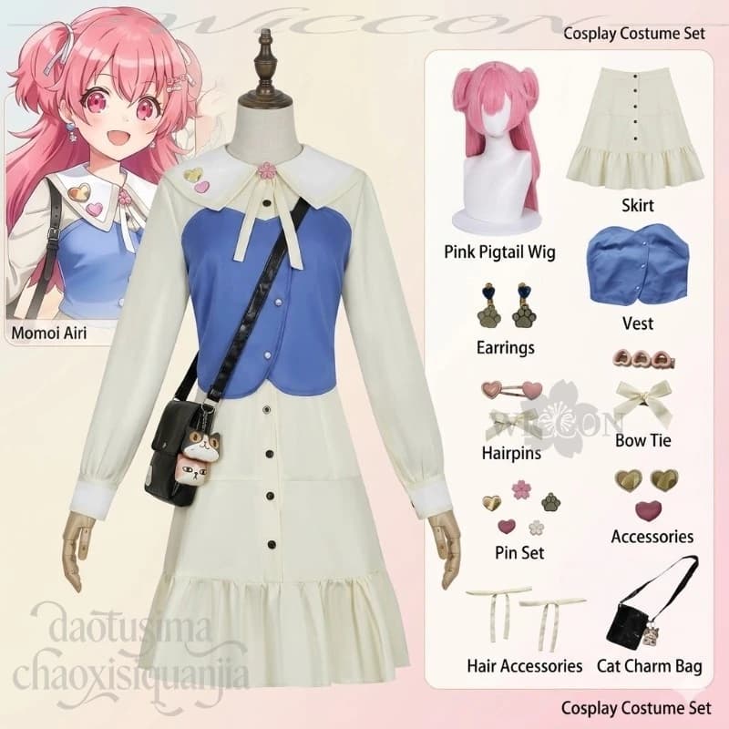 Anime Game Project Sekai Cosplay Open Up My feelings! Costume Momoi Airi Kawaii Dress Cute Bag Earring Bow JK Wigs Halloween