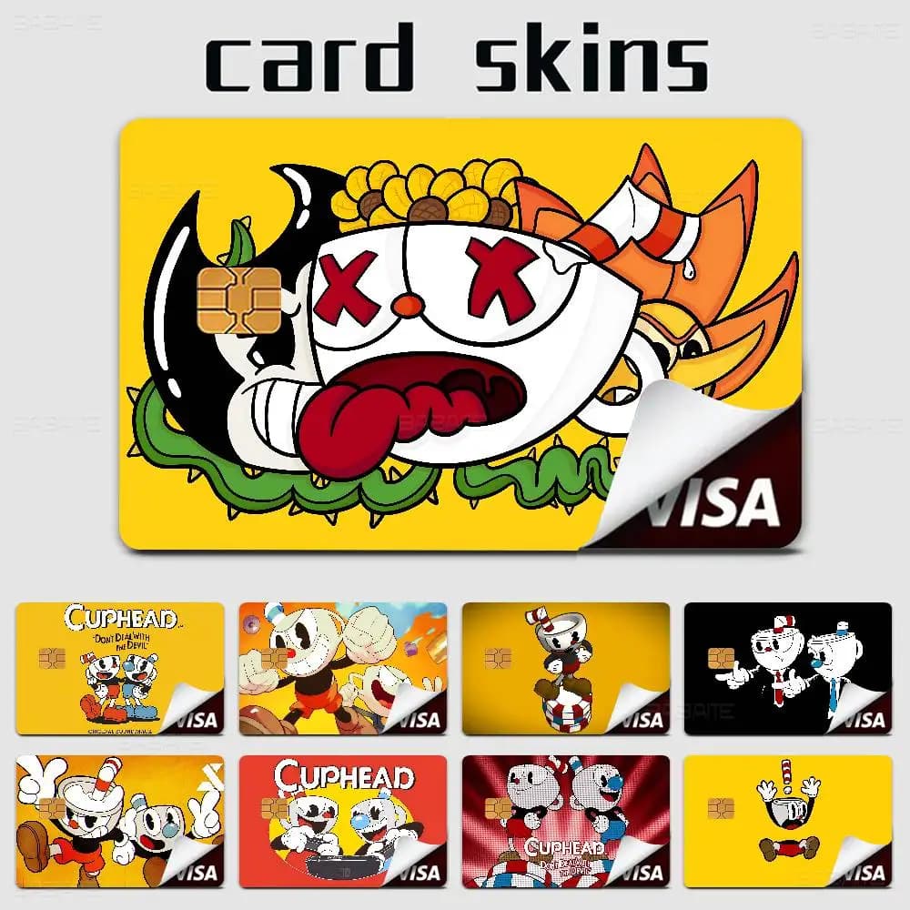 Adesivo in pellicola per custodia di carte di credito e debito grandi, con motivo orsetto dei cartoni animati del gioco Cuphead, per il lato anteriore