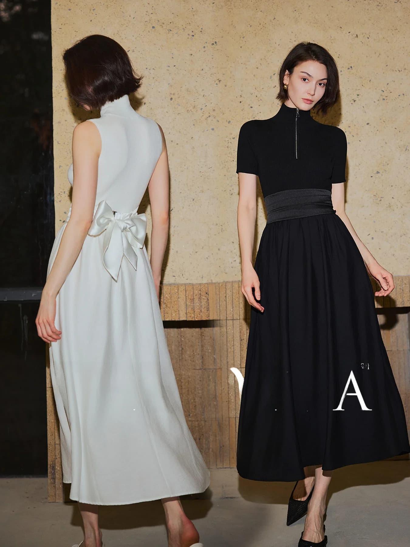 Elegant Women's Dress in Mixed Acetate with Sleeves Court or Sleeveless, Wide skirt with Stackable Belt, Simple Style