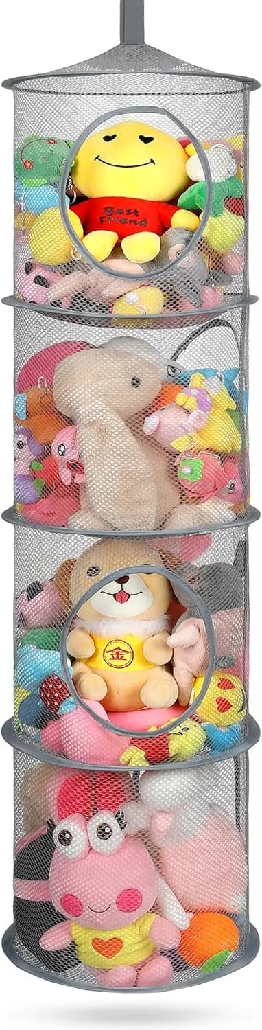 Organizzatore a Rete Sospeso a 4 Scomparti per Peluche, Giocattoli di Stoffa, Guanti, Cappelli, Calzini - Grigio