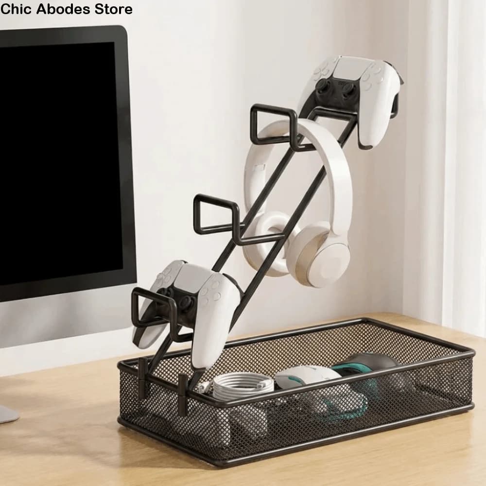 Iron Game Controller Holder Multi-Tier Large Capacity Headphone Hanger Space Saving Game Controller Display Stand for Home