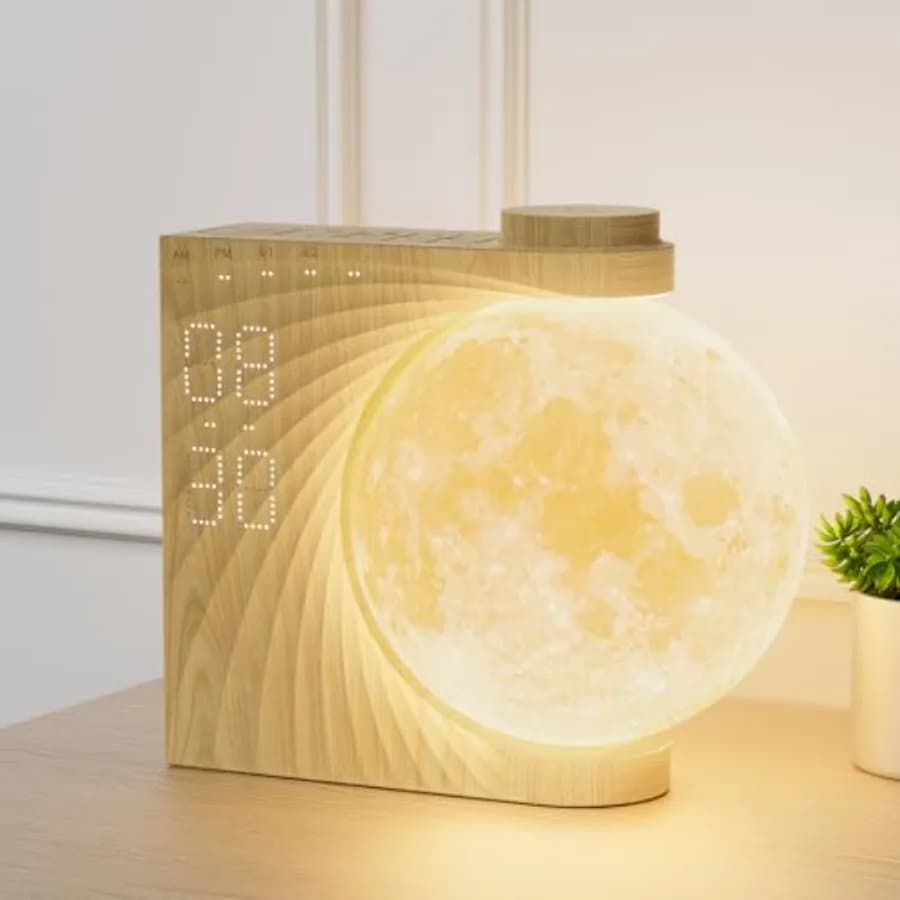 Sveglia Rotante con Luce Lunare e Simulazione Alba, Macchina del Suono, Lampada Notturna per Camere da Letto con Funzione Snooze, 10 Effetti Luminosi, Timer 30/60/90 Minuti