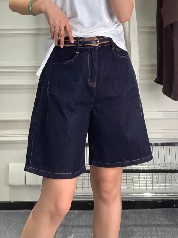 plus Size High Waist A-Line Denim Shorts Women's Summer Slim Straight Leg Wide Leg Five-Quarter Mid-Pants Deep Blue Casual Style