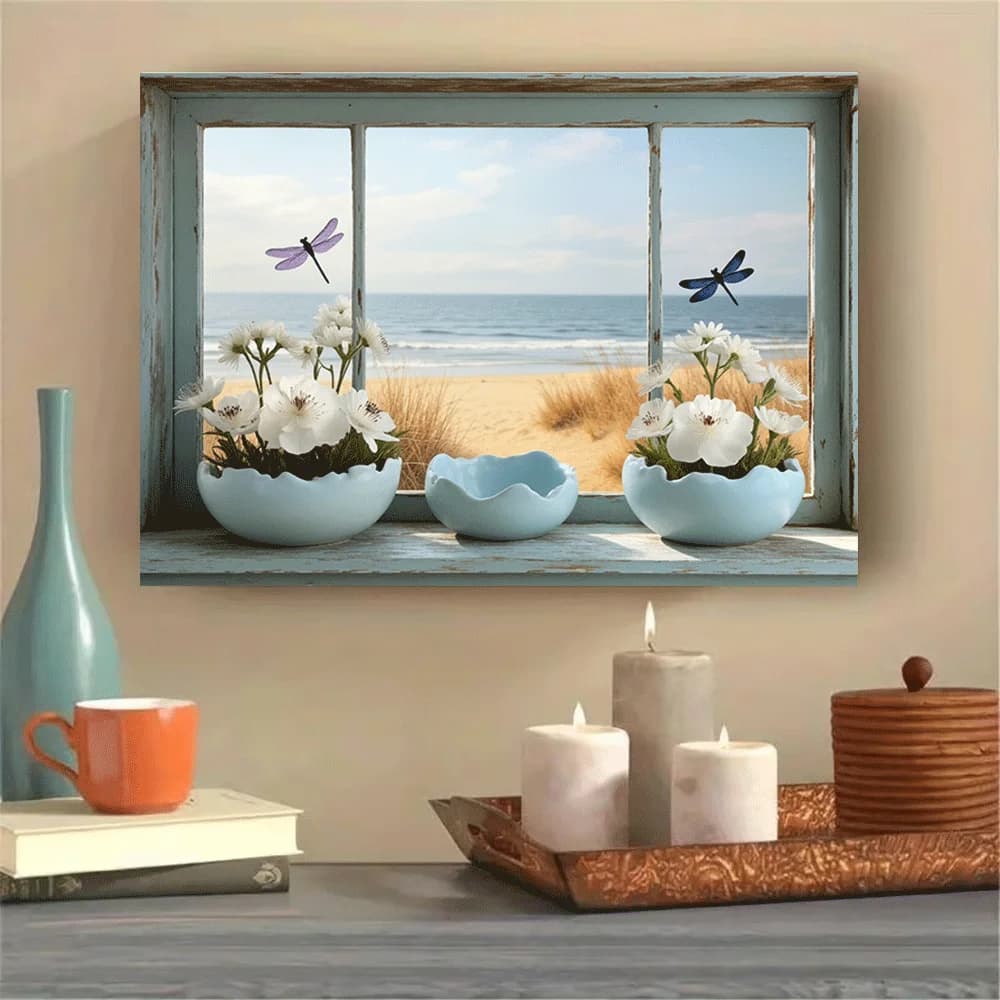 1PC-Canvas poster Unframed Coastal Window View Beach Scene Dragonflies Flowers Candle Decor summer