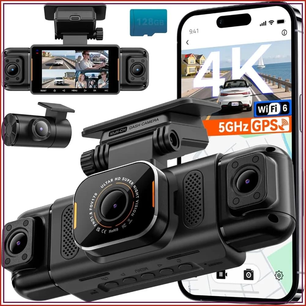 4K 4CH Dash Cam, 360° View, 1080P Rear/Inside, 5G WiFi 6, GPS, Night Vision, G-Sensor, 24H Parking, Free 128GB SD Card
