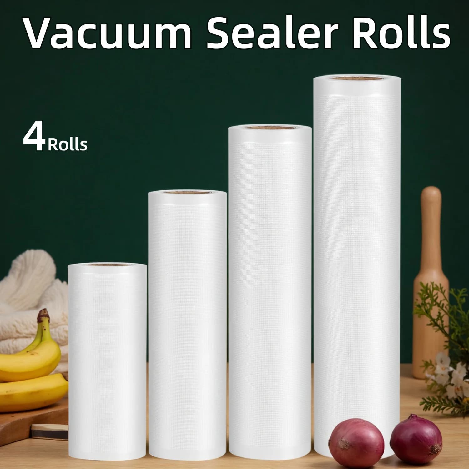 4-Pack Vacuum Sealer Rolls: Heavy-Duty, BPA-Free Food-Grade. Dot Embossed for Leak-Proof Seals, Free-Cut for Bulk Storage. Pres