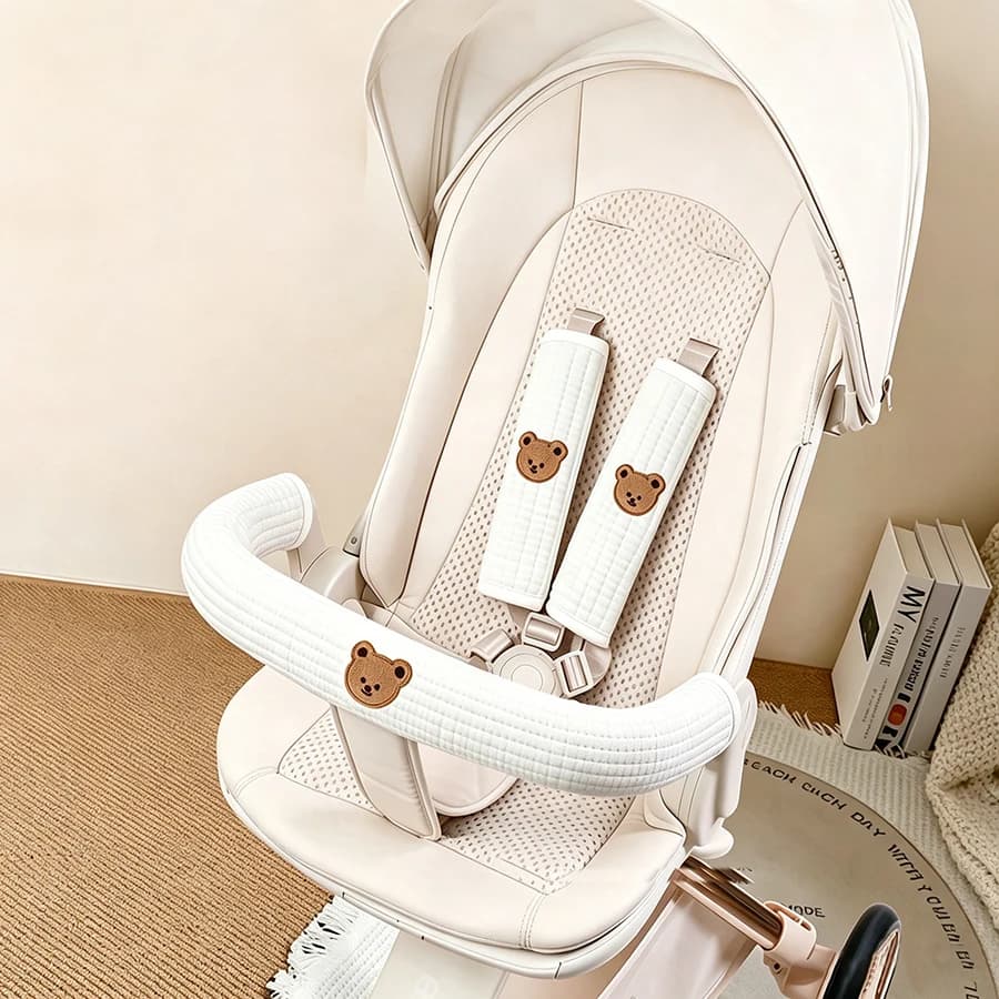 3-piece set of baby stroller accessories - soft stroller handle cover and seat shoulder strap cover, with three-dimensional embroidered patterns, non-slip shoulder pad suitable for baby strollers, making baby's outings more comfortable