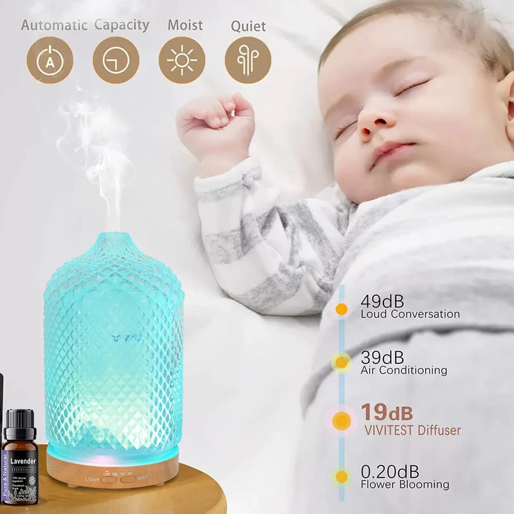 Umidificatore a Ultrasuoni 200ml con Diffusore di Aromi, 3 Oli Essenziali Inclusi, 7 Colori LED, Timer, Silenzioso e Sicuro per Relax e Decorazione Domestica
