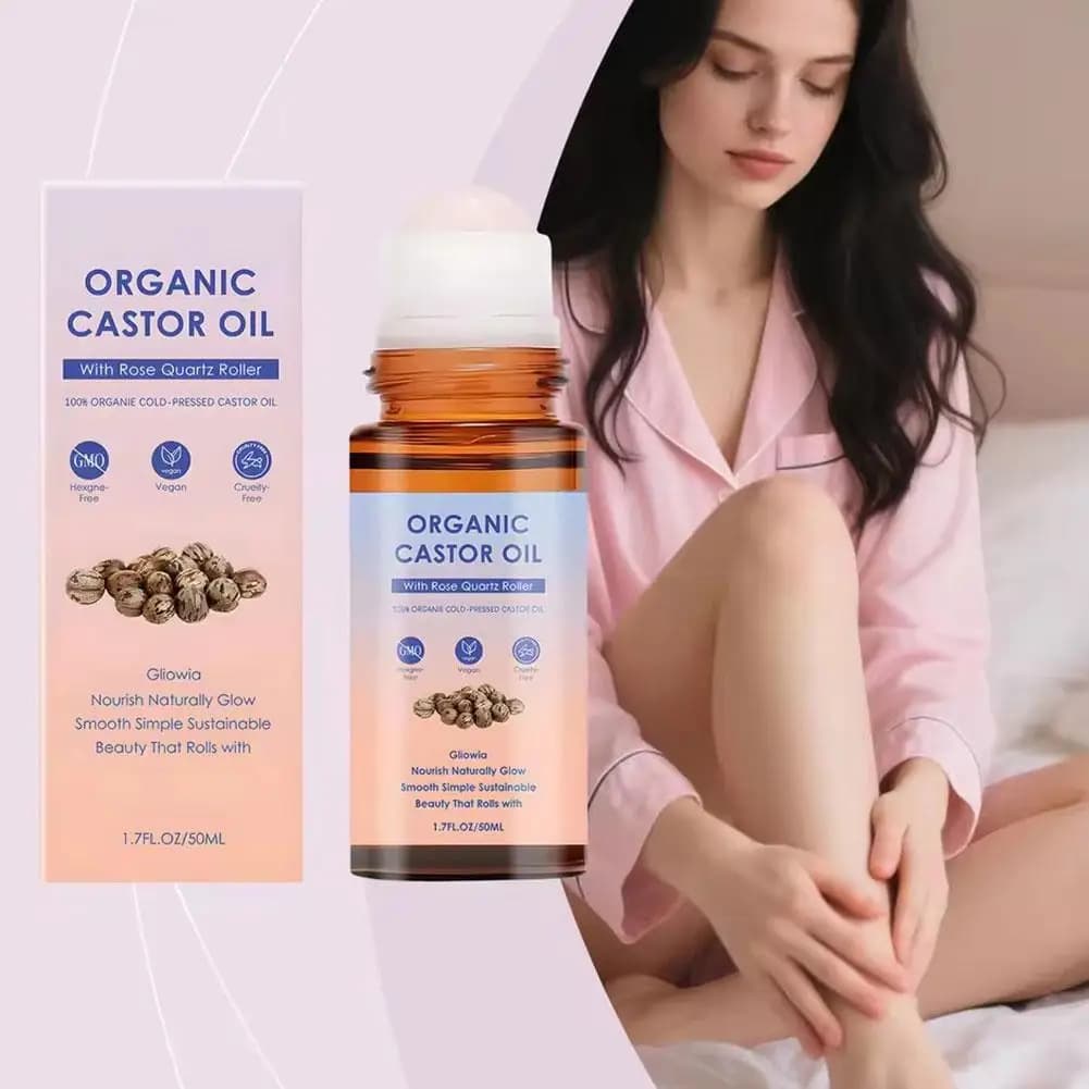 50ml Organic Castor Oil Rose Quartz Roller Ball Moisturizing Skin Barrier Deep Repair Soothing Skin Cold-Pressed Body Care