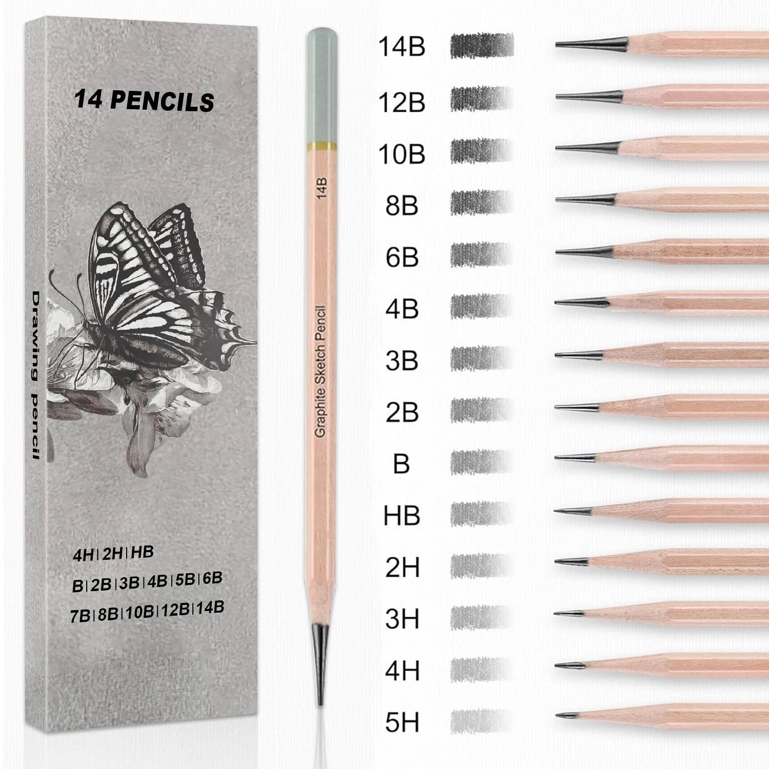 Set di matite da disegno Pro Sketching da 6-29 pezzi con custodia in nylon arrotolabile – 14 matite di grafite (14B-5H), matite a carbone, gomme ecc.