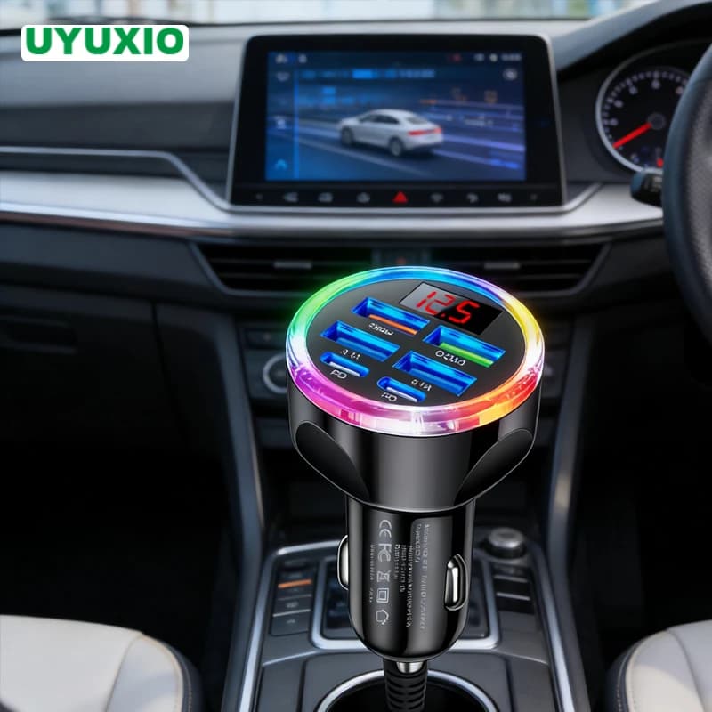 Caricabatteria da auto UYUXIO USB C 6 in 1 con voltmetro Adattatore di ricarica super veloce multiporta con display di tensione per Samsung iPhone