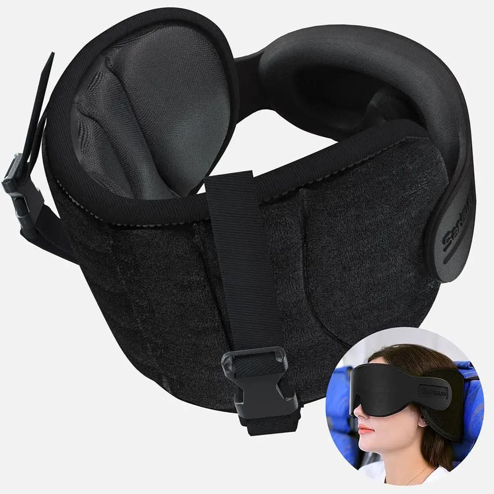 Travel Sleep Mask with Headrest Strap Airplane Head Neck Support Pillow Adjustable Light Blocking Eye Mask for Long Flight