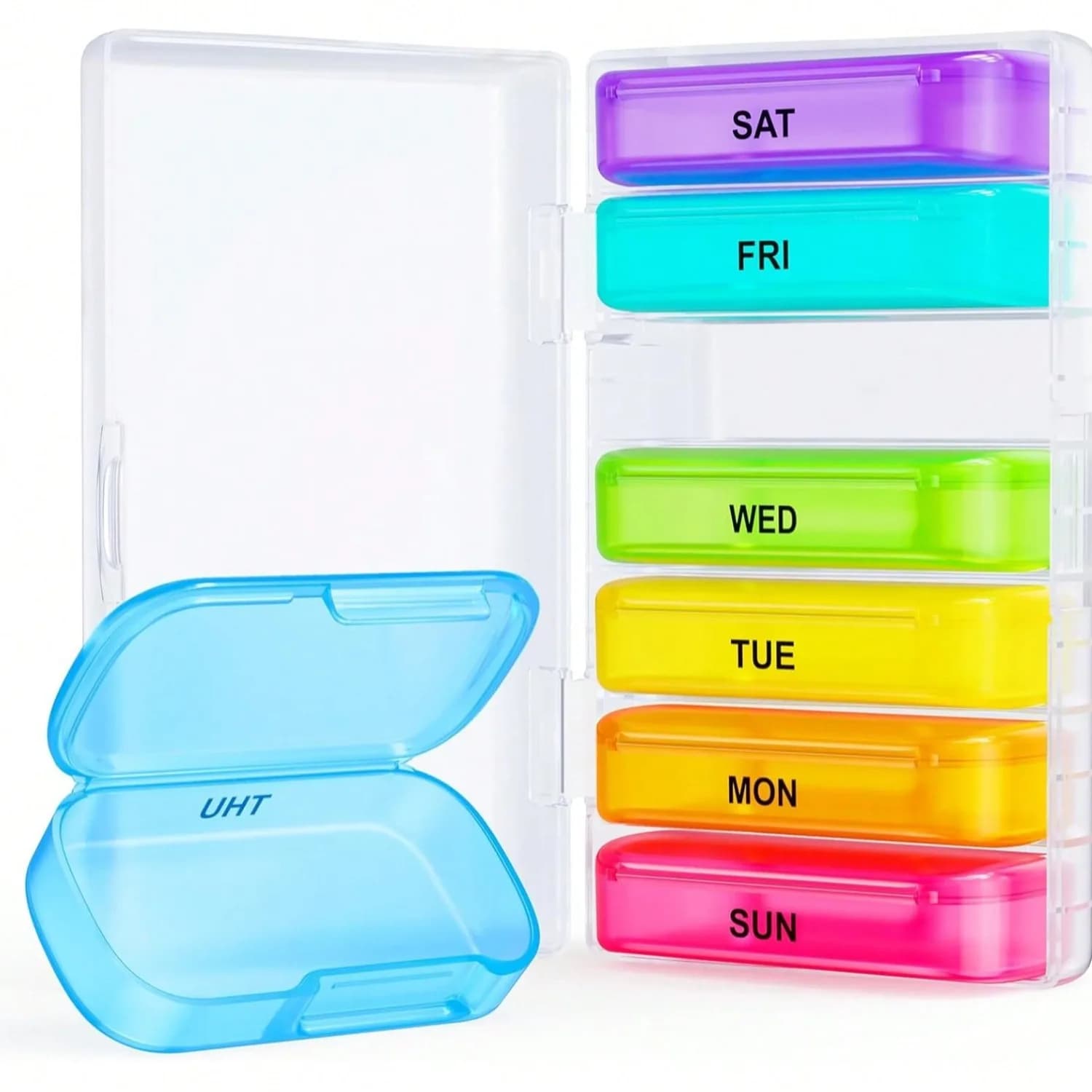 7 confezioni di organizer per pillole extra large, portatile, per 7 giorni, per tasca, borsa, custodia per pillole settimanale con design a doppia protezione, contenitore per pillole per farmaci, vitamine, olio di pesce, integratori, nero