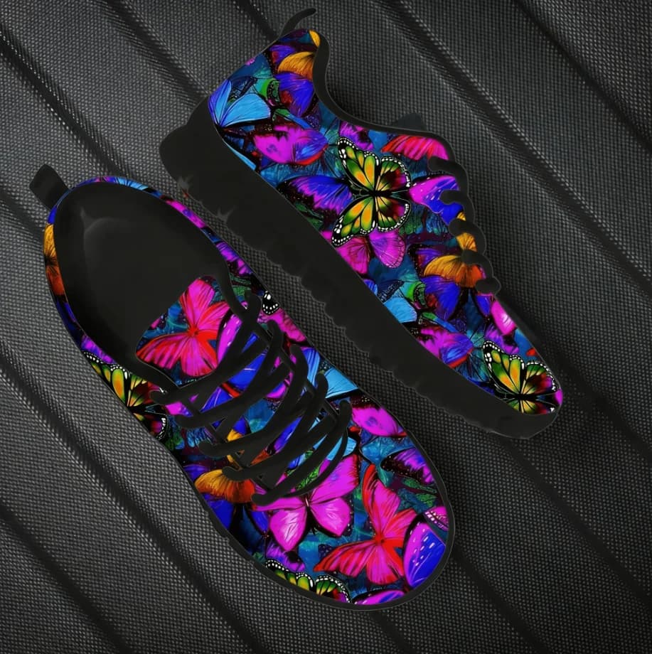 Scarpe basse da donna con motivo 3D di farfalle colorate e rose, sneakers casual da donna, calzature comode con lacci