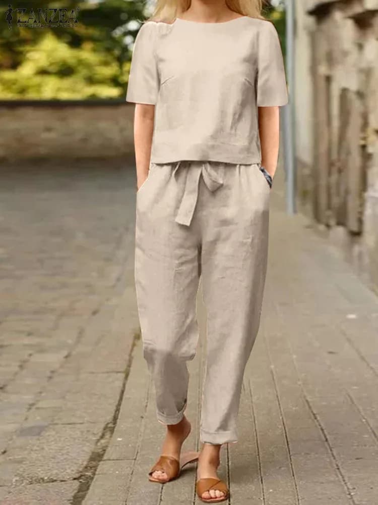 2025 ZANZEA Summer 2PCS Matching Sets Short Sleeve Blouse Harem Pants Sets Women Outfits Casual Solid Tracksuit Two Piece Sets
