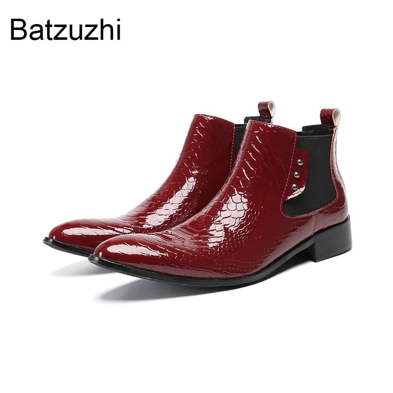 Batzuzhi Stivaletti da uomo in vera pelle con tacco basso, stivali da uomo di lusso fatti a mano, calzature da lavoro rosso vino! Taglie Grandi US6-12