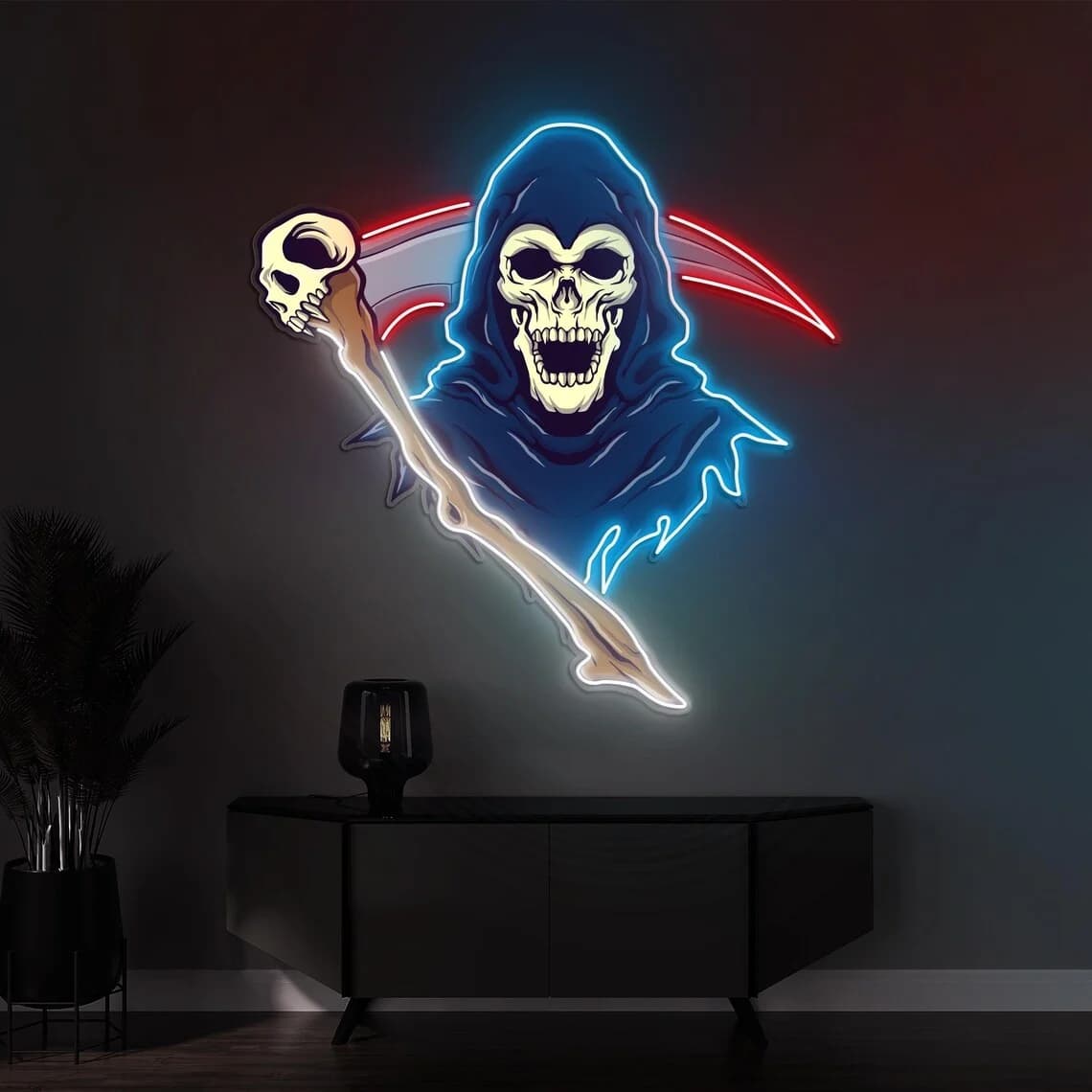 Insegna al Neon LED del Tristo Mietitore, Decorazione Murale Pop Art Horror con Scheletro