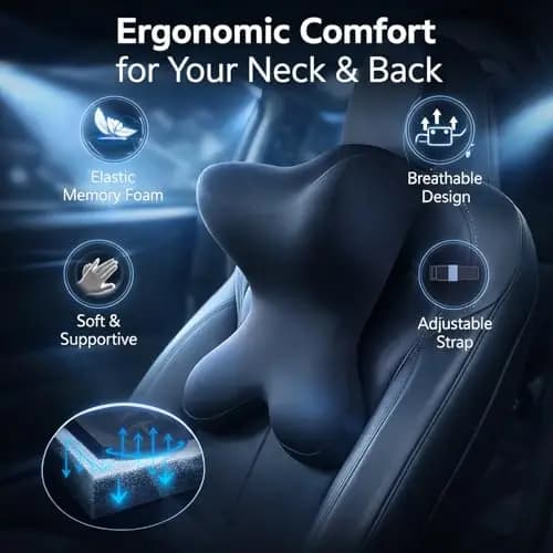 Premium Breathable Memory Foam Neck Support Pillow With Adjustable Dual Straps For Car, Office And Gaming Chair Comfort