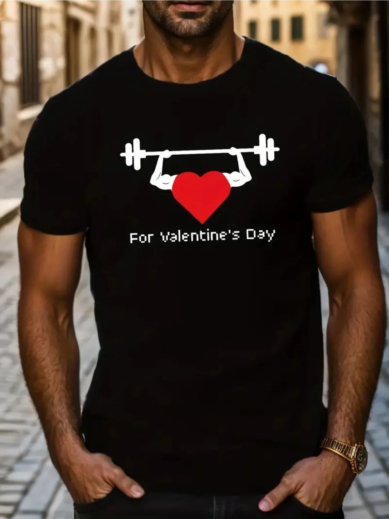 T-shirt da uomo per San Valentino - T-shirt nera casual a maniche corte con motivi a cuore e manubri per il fitness estivo