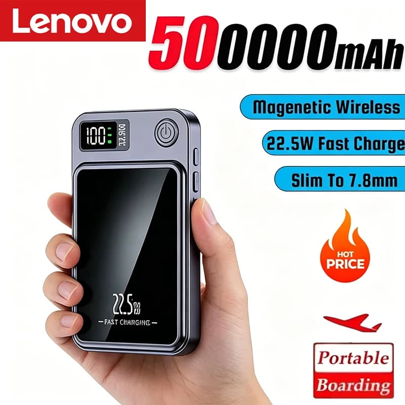 Lenovo 500000mAh Wireless Magnetic Power Bank 22.5w Super Fast Charging Portable External Battery Powerbank For Iphone Samsung