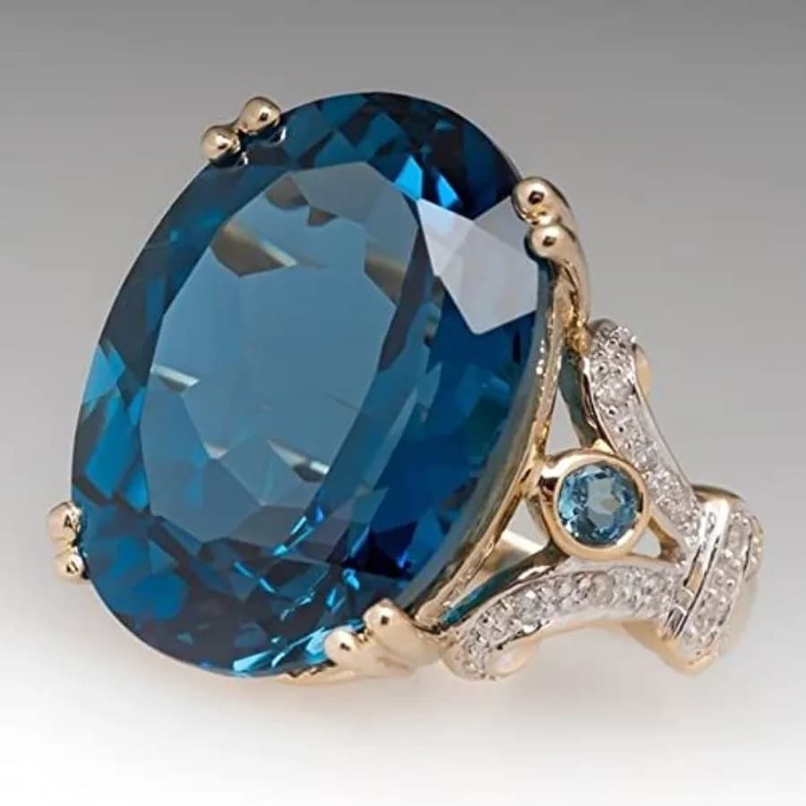 Anello da donna in oro 18 carati con topazio blu pavone ovale, diamante CZ e cristallo, con acquamarina, per matrimonio e sposa, misura 9