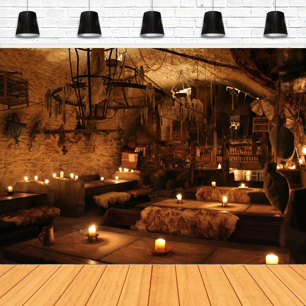 Sfondo fotografico Interno in legno Candela Luce Camino Medievale Antica Taverna Inn Bar Ristorante Festa Sfondo Muro