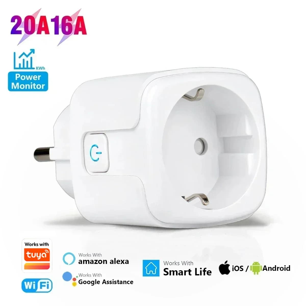 EU 16A/20A socket with WiFi, Compatible with Alexa and Google Home, Works with Tuya Smart Life App, Remote Vocal Control, Compatible with Alice and Yandex