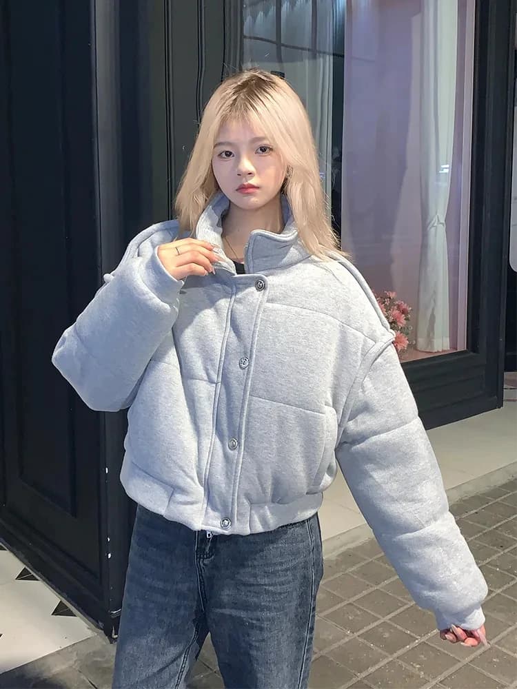 American motorcycle style gray slim cotton jacket for women winter 2025 new short style stand collar thick warm versatile jacket