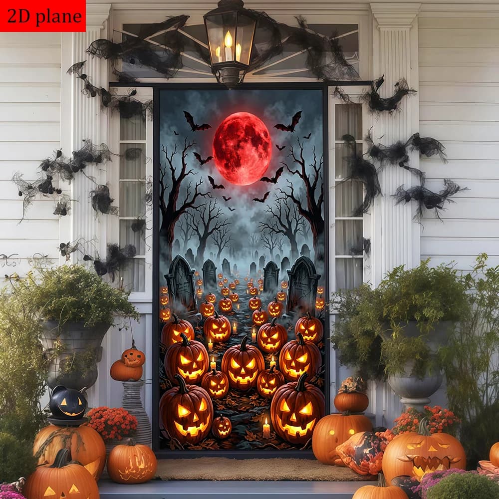 Halloween red moon bats graveyard jack - o'- lanterns candles Door frame decoration with high elasticity elastic band