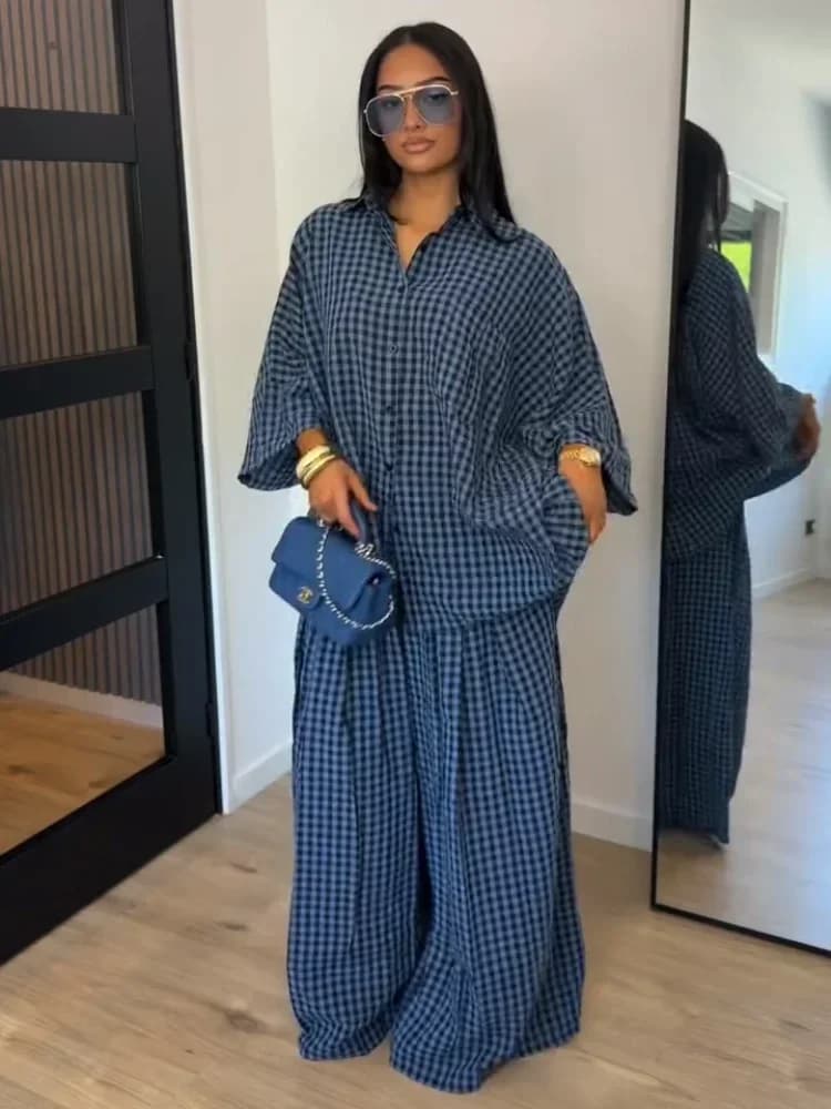 Autumn Women Plaid Pant Suit Lapel Single Breasted Half Sleeve Loose Shirt And Wide Leg Pant Chic Streetwear 2026