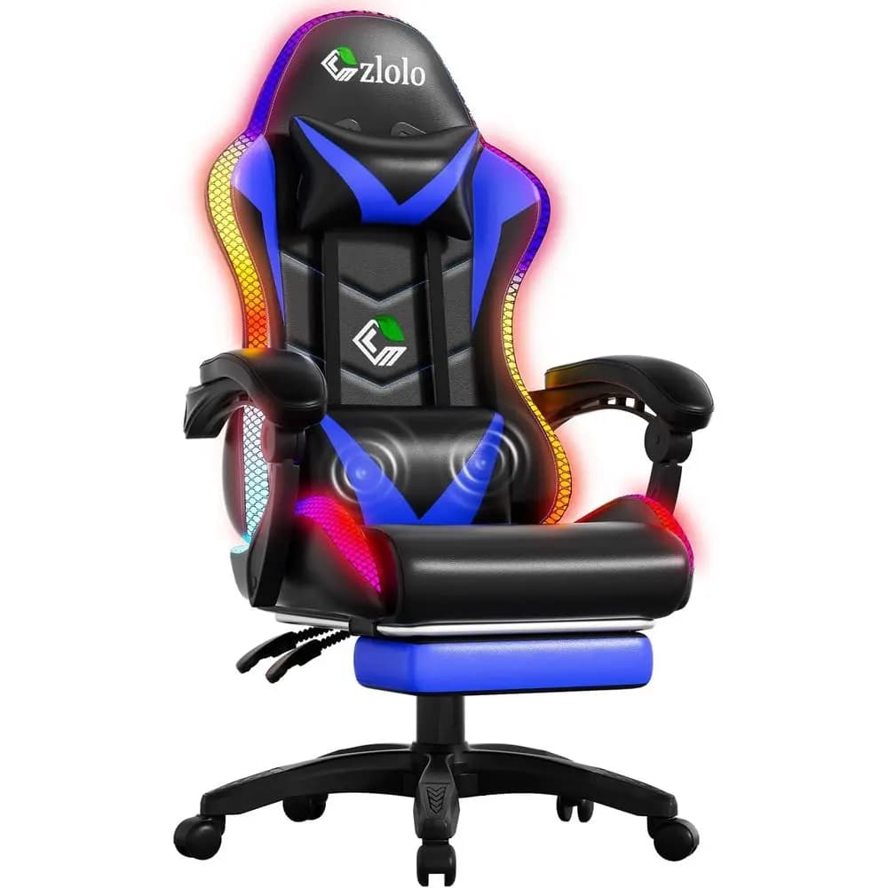 Sedia da Gaming Stile Racing con LED RGB e Massaggio Lombare, Sedia da Scrivania Reclinabile con Schienale Alto per Adulti e Bambini, Nero/Blu