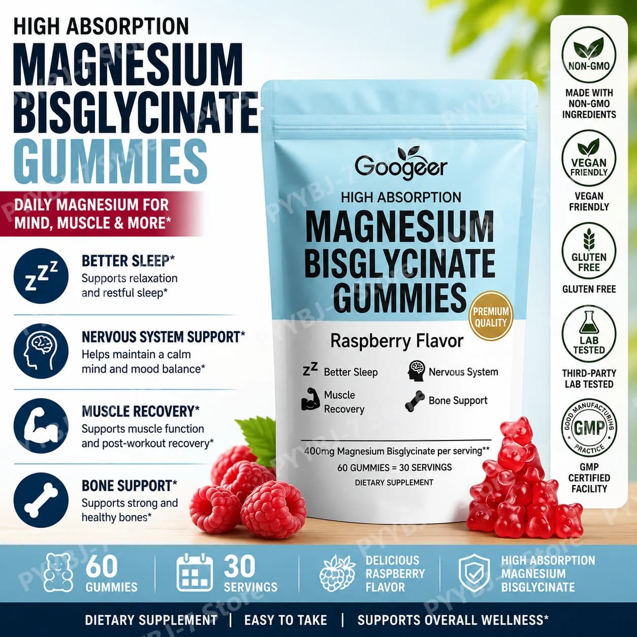 Magnesium Bisglycinate Gummies 400mg, 60 Count, Adult Daily Wellness Supplement for Bone Muscle Sleep Support