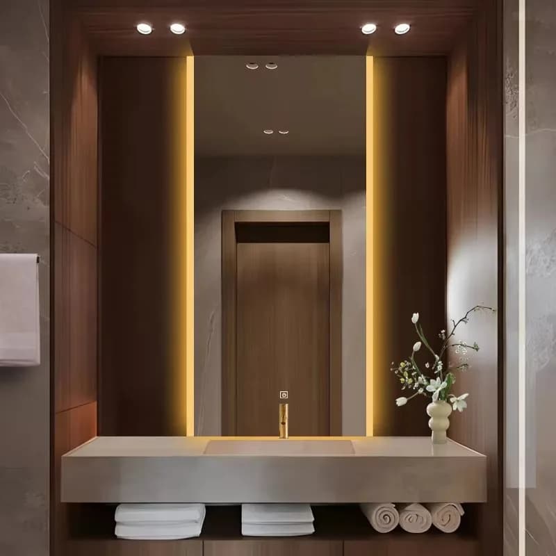 Specchio da bagno per uso domestico Touch screen intelligente Diodo emettitore di luce Illuminazione Montaggio a parete Supporto da parete alla moda antiappannamento