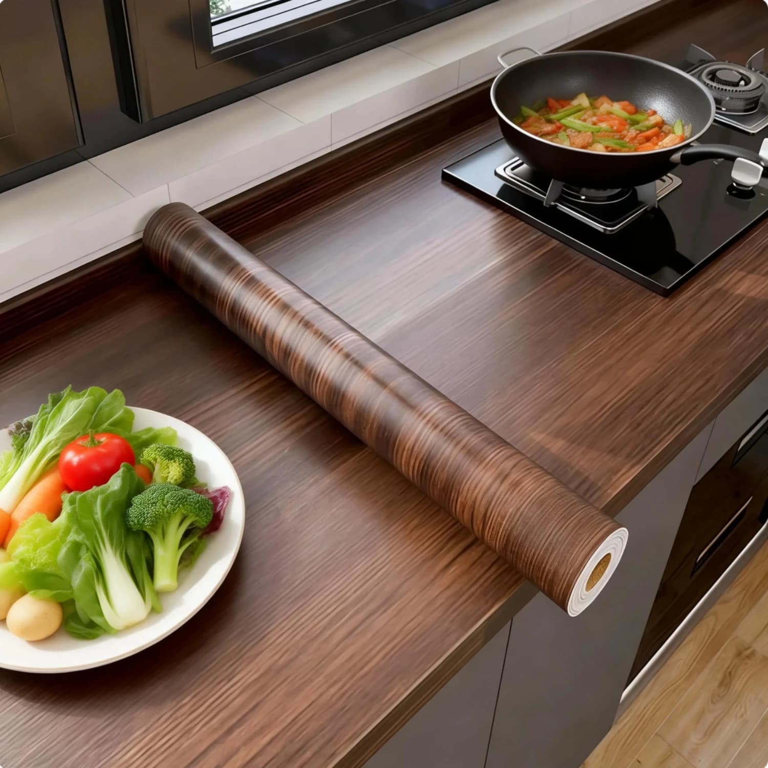 Carta adesiva effetto legno marrone da 40/55 cm, pellicola vinilica rimovibile autoadesiva per una facile applicazione su mobili e armadietti da cucina