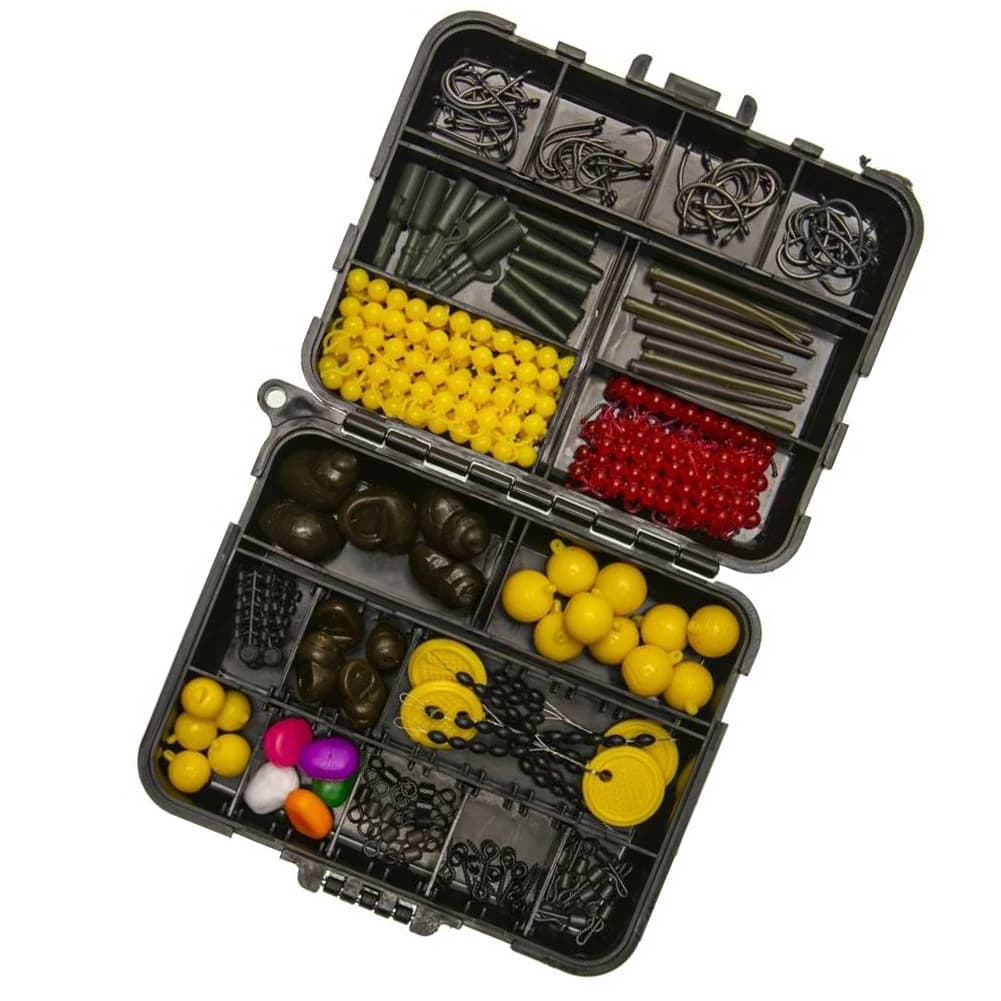 145pcs Carp Fishing Accessories Tackle Box Including Hooks Swivels Boilie Stops Safety Clips and Tubes for Reliable Rig Setup
