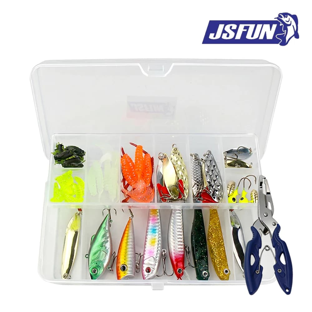 JSFUN Kit di Esche da Pesca 107 Pezzi con Scatola Porta Attrezzi, Cucchiaini, Esche Morbide, Esche Dure, Pinze per Bass, Trota, Acqua Dolce e Salata