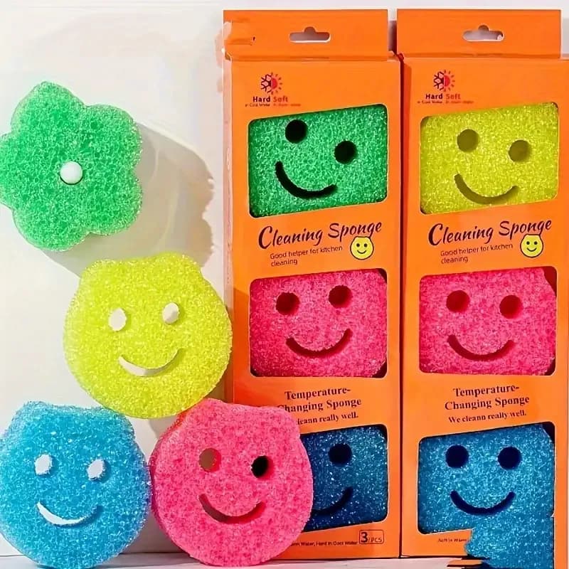 3 pezzi in una scatola colorata, colori casuali, spugna imitazione luffa per lavare i piatti, spazzola per la pulizia della cucina, pentole e lavapiatti, blocco di spugna per schiuma addensata su entrambi i lati, prodotti per la pulizia della cucina domestica