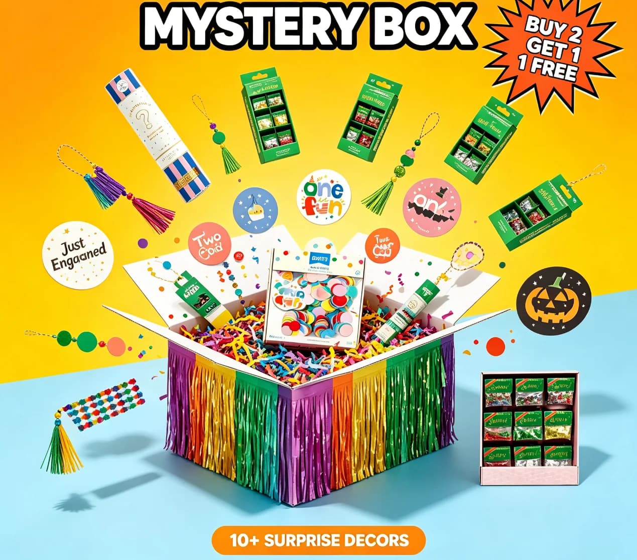 All Occasion Party Decor Mystery Blind Box, Random Color Confetti Cannon Paper Confetti, Themed Circle Table Confetti Dot Stickers, Tinsel Fringe Curtain Backdrop, Birthday Halloween Fall Wedding Baby Shower Lucky Surprise Gift Box, Random Style