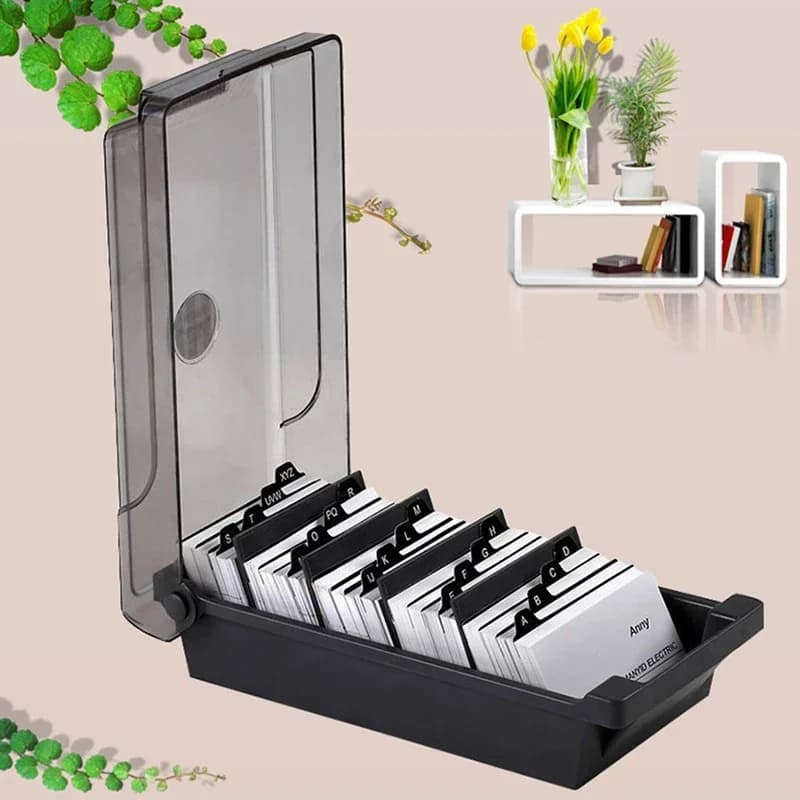 Porta biglietti da visita, scatola portaoggetti in plastica per biglietti da visita con 4 divisori ed schede indice, conservazione fino a 500 carte